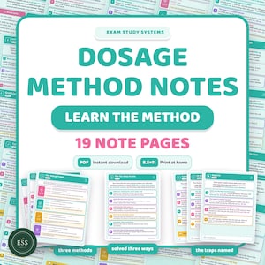 May include: A digital study guide titled Dosage Method Notes with the subtitle Learn the Method and 19 Note Pages. The document features teal text on a white background, including PDF and 8.5x11 print at home labels, with sample pages showing medical calculation steps.