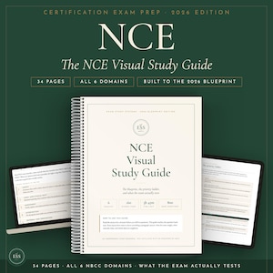 May include: A spiral-bound NCE Visual Study Guide for the 2026 certification exam, featuring a cream-colored cover with dark green text, accompanied by two digital tablet screens displaying study content on a dark green background.