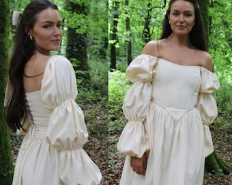 Corset off-the-shoulder drape sleeve top with boning and lace-up back - cottagecore medieval fairytale wedding costume style - premium linen