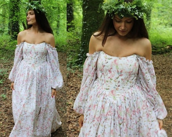 Corset dress off-the-shoulder linen puff sleeve with boning and lace-up back - cottagecore medieval fairytale wedding costume style