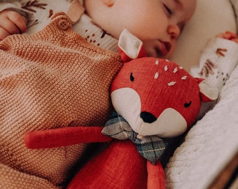Premium Linen Heirloom Stuffed Animal Toys - Woodland Art Dolls - Fox - Hand Embroidered Neutral Unisex Timeless - Gift for Baby Kids