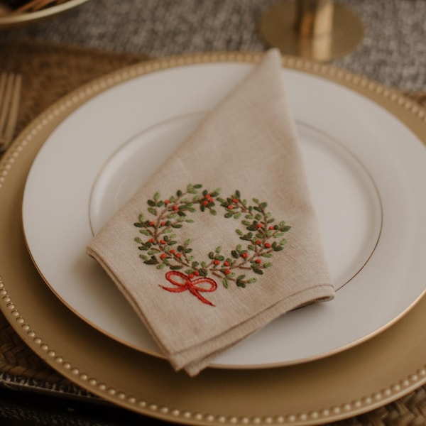 Gestickte Weihnachtsservietten - Handgemachte festliche Leinenservietten - Weihnachtsgeschenkset
