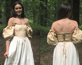 Brocade gold corset off-the-shoulder puff sleeve top with boning and lace-up back - cottagecore medieval fairytale wedding costume style