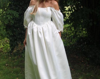 Satin corset bridal gown with off-the-shoulder puff sleeves, boning and lace-up back - classic fairytale wedding - romantic bride