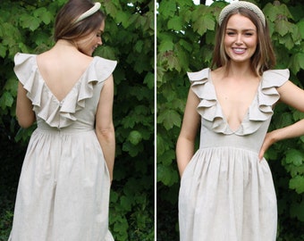 Ready to Ship - Summer dress - linen - V neck asymmetric ruffle pocket dress - backless light beach dress - garden party wedding - ELENA