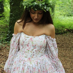 Corset dress off-the-shoulder linen puff sleeve with boning and lace-up back - cottagecore medieval fairytale wedding costume style