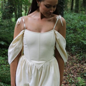 Linen Corset Top: Off-Shoulder Drape Sleeves, Lace-Up Back