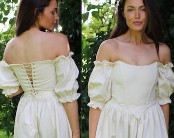 Corset off-the-shoulder puff sleeve top with boning and lace-up back - cottagecore medieval fairytale wedding costume style - premium linen