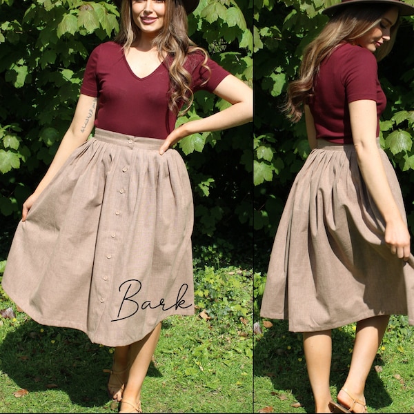 Bark Ready to Ship - Linen button skirt - comfortable soft washed linen - everyday casual skirt - flattering summer bohemian style - LOTTIE