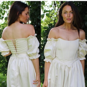 Corset off-the-shoulder puff sleeve top with boning and lace-up back - cottagecore medieval fairytale wedding costume style - premium linen