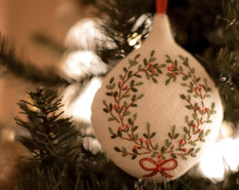 Handmade Premium Linen Heirloom Hand Beaded Christmas Tree Decorations - hand-embroidered wreath ornaments - cream red blue beige green