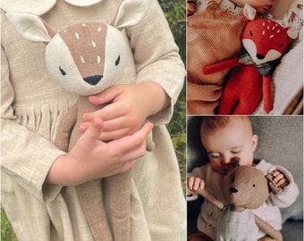 Premium Linen Heirloom Stuffed Animal Toys - Woodland Art Dolls - Hand Embroidered Neutral Unisex Timeless - Bunny Rabbit Mouse Fawn Fox