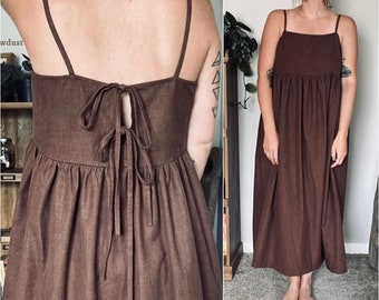 Linen Empire Dress: Spaghetti Straps, Loose Fit, Midi Skirt