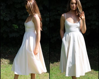 Linen midi dress, fit and flare dress, spring dress, flattering dress, garden party dress, slow fashion modest dress, 1950s dress wedding