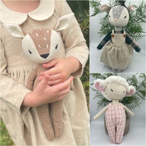 Premium Linen Heirloom Stuffed Animal Toys - Woodland Art Dolls - Hand Embroidered Neutral Unisex Timeless - Bunny Rabbit Mouse Fawn Fox