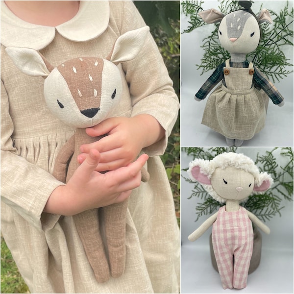 Premium Linen Heirloom Stuffed Animal Toys - Woodland Art Dolls - Hand Embroidered Neutral Unisex Timeless - Bunny Rabbit Mouse Fawn Fox