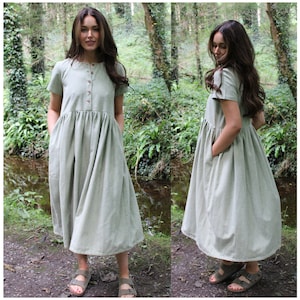 Linen Midi Dress, Maternity Postpartum Nursing Dress, Loose Button Front Empire Dress, Minimalist Dress with Pockets, Seasonal Capsule