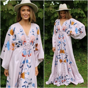 Long Sleeve Maxi Dress, Modest Maxi Dress Embroidered, Maternity Dress, Wedding Guest Dress, Flowy Dress, Spring Dress, Garden Party Kimono