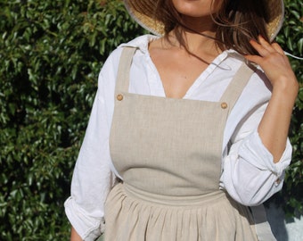 Linen Apron Dress, Modest Dress, Spring Dress, Pinafore Dress, Prairie dress, 1950s dress, cottagecore dress, Linen Midi Dress with pockets