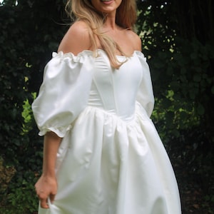 Satin corset bridal gown with off-the-shoulder puff sleeves, boning and lace-up back - classic fairytale wedding - romantic bride