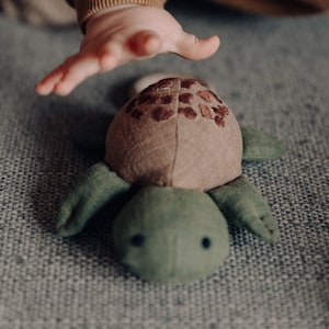 Linen Turtle Rattle Toy Handmade non-toxic baby toy wooden ring chew nature inspired baby gift newborn nursery decor image 1