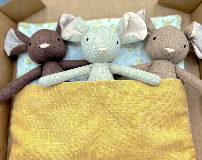 Trio of Miniature Stuffed Animals in box bed - mouse dolls bunny bear - linen stuffies - baby toddler child gift - box set - easter gift