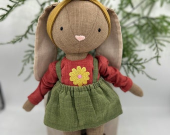 Premium Linen Heirloom Stuffed Animal Toys - Woodland Art Dolls - Hand Embroidered Neutral Unisex Timeless - Bunny Rabbit Mouse Fawn Fox