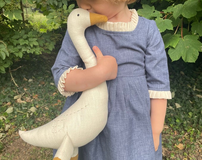 Premium Linen Heirloom Stuffed Animal Goose - Baby Shower Gift - Hand Embroidered Neutral Unisex Timeless Bird Teddy - Nursery Decor Kids