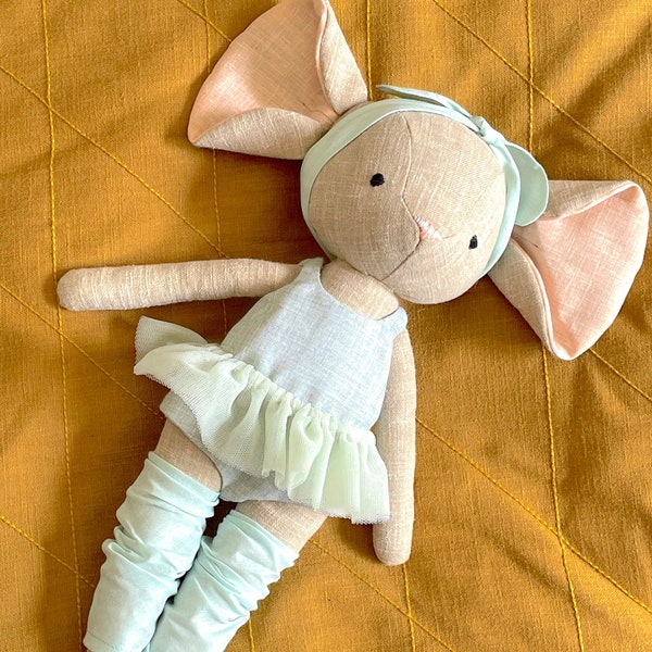 Premium Linen Heirloom Stuffed Animal Toys - Woodland Art Dolls - Hand Embroidered Neutral Unisex Timeless - Bunny Rabbit Mouse Fawn Fox