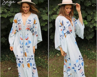 Embroidered Maxi Dress - Boho Style - Scandi Folk Embroidery - Flattering Versatile Baby Shower Maternity Photos - Wedding Guest Summer Fete