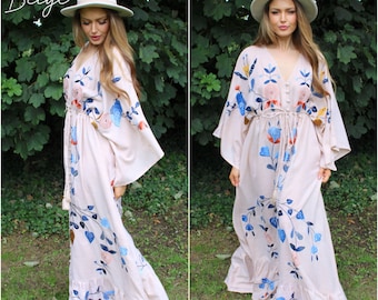 Embroidered Cotton Maxi Dress: Kimono Sleeve Maternity Gown