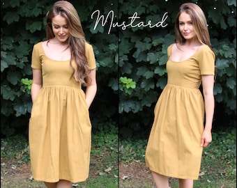 Mustard Ready to Ship Linen dress - soft washable fit and flare spring summer - easy light boho style - farmers market classic -BEATRICE