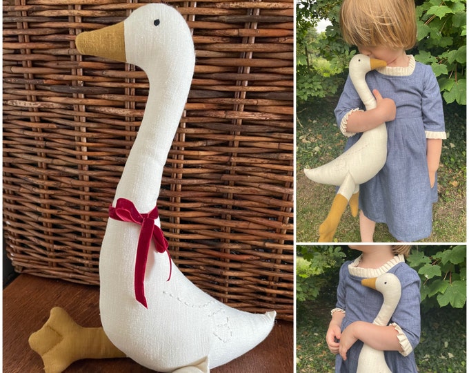 Premium Linen Heirloom Stuffed Animal Goose - Baby Shower Gift - Hand Embroidered Neutral Unisex Timeless Bird Teddy - Nursery Decor Kids