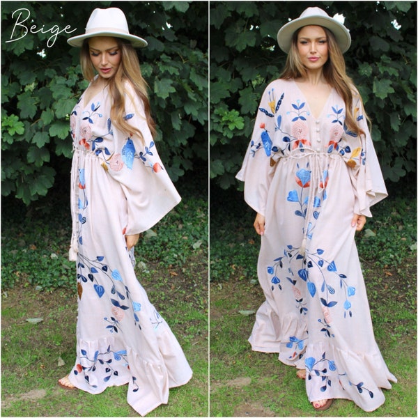 Langarm-Maxikleid, bescheidenes Maxikleid bestickt, Umstandskleid, Hochzeitsgastkleid, fließendes Kleid, Frühlingskleid, Gartenparty-Kimono