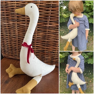 Premium Linen Heirloom Stuffed Animal Goose - Baby Shower Gift - Hand Embroidered Neutral Unisex Timeless Bird Teddy - Nursery Decor Kids