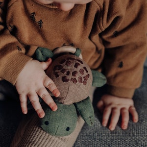 Linen Turtle Rattle Toy Handmade non-toxic baby toy wooden ring chew nature inspired baby gift newborn nursery decor image 3