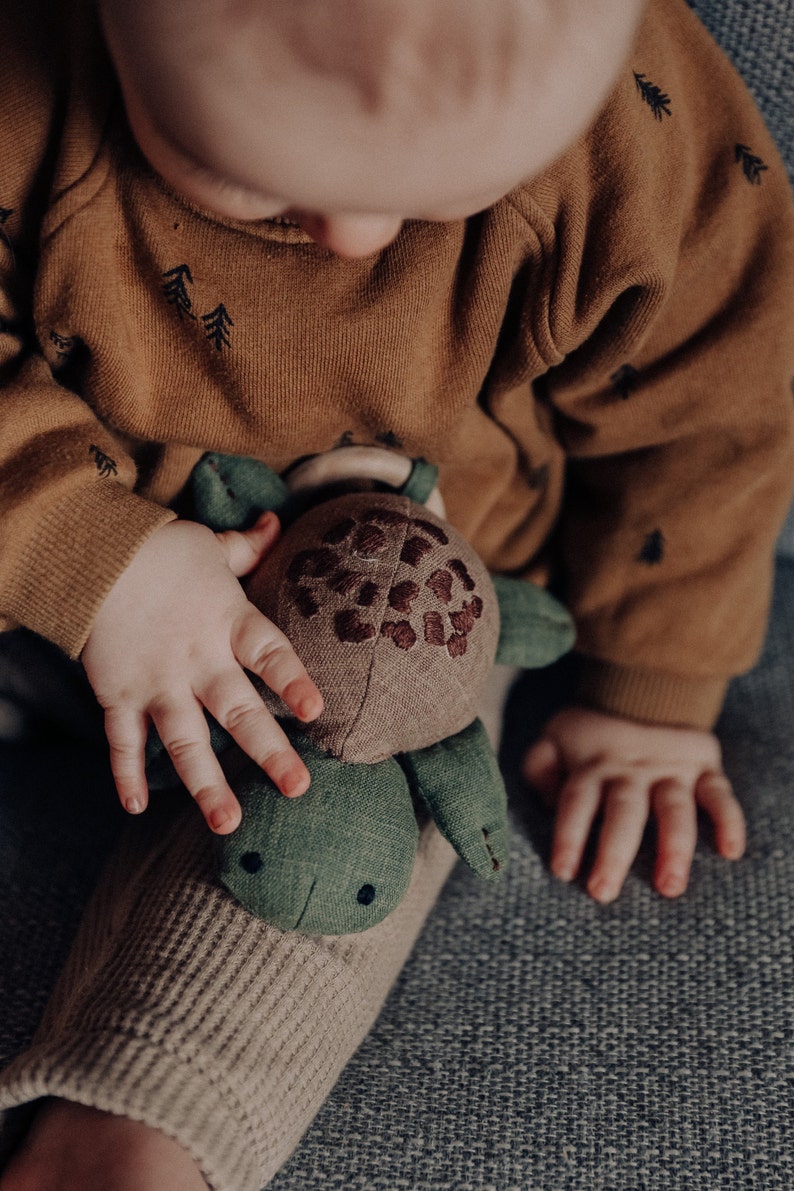 Linen Turtle Rattle Toy Handmade non-toxic baby toy wooden ring chew nature inspired baby gift newborn nursery decor image 3