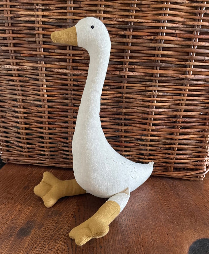 Premium Linen Heirloom Stuffed Animal Goose Baby Shower Gift Hand Embroidered Neutral Unisex Timeless Bird Teddy Nursery Decor Kids image 4