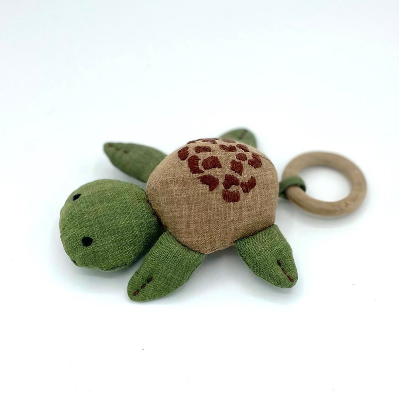 Linen Turtle Rattle Toy Handmade non-toxic baby toy wooden ring chew nature inspired baby gift newborn nursery decor image 7