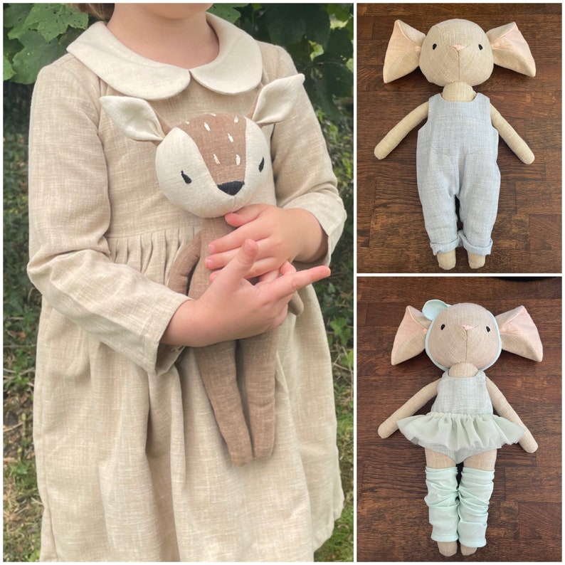 Premium Linen Heirloom Stuffed Animal Toys Woodland Art Dolls Hand Embroidered Neutral Unisex Timeless Bunny Rabbit Mouse Fawn Fox image 3