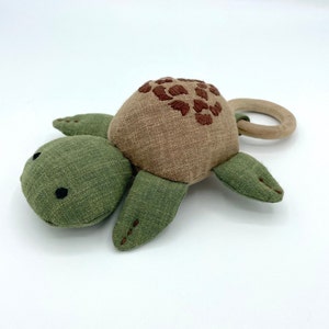 Linen Turtle Rattle Toy Handmade non-toxic baby toy wooden ring chew nature inspired baby gift newborn nursery decor image 6