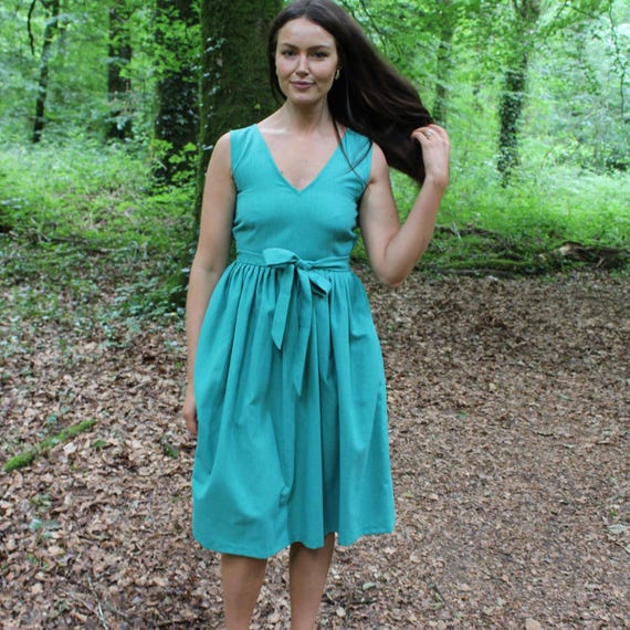 v neck sleeveless flare dress Linen Fit and Flare Dress: Sleeveless V-neck Boho Style