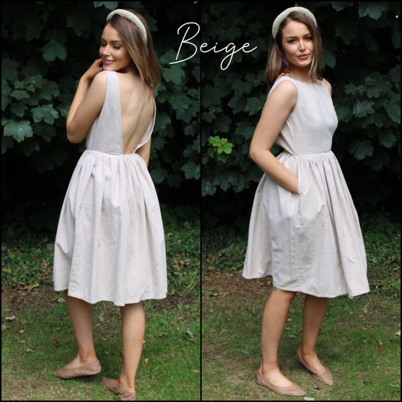princess polly baby blue dress Ready to Ship Backless Linen Dress - Boat Neck Sleeveless Preppy Style - Open  Back Light Summer Boho Market or Garden Party Dress - DARCY