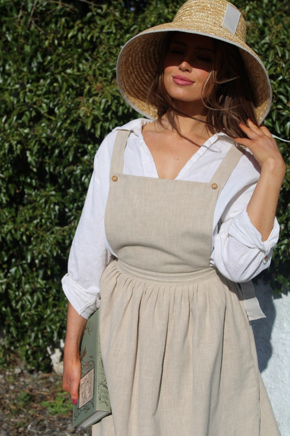 Linen Apron Dress: Cottagecore Midi Pinafore With Pockets - Etsy Norway