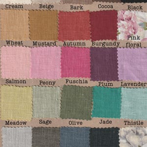 May include: A color swatch chart featuring various fabric samples in a range of colors, including cream, beige, bark, cocoa, and black. Other colors include wheat, mustard, autumn, burgundy, and pink floral. The chart also includes the colors salmon, peony, fuchsia, plum, and lavender.