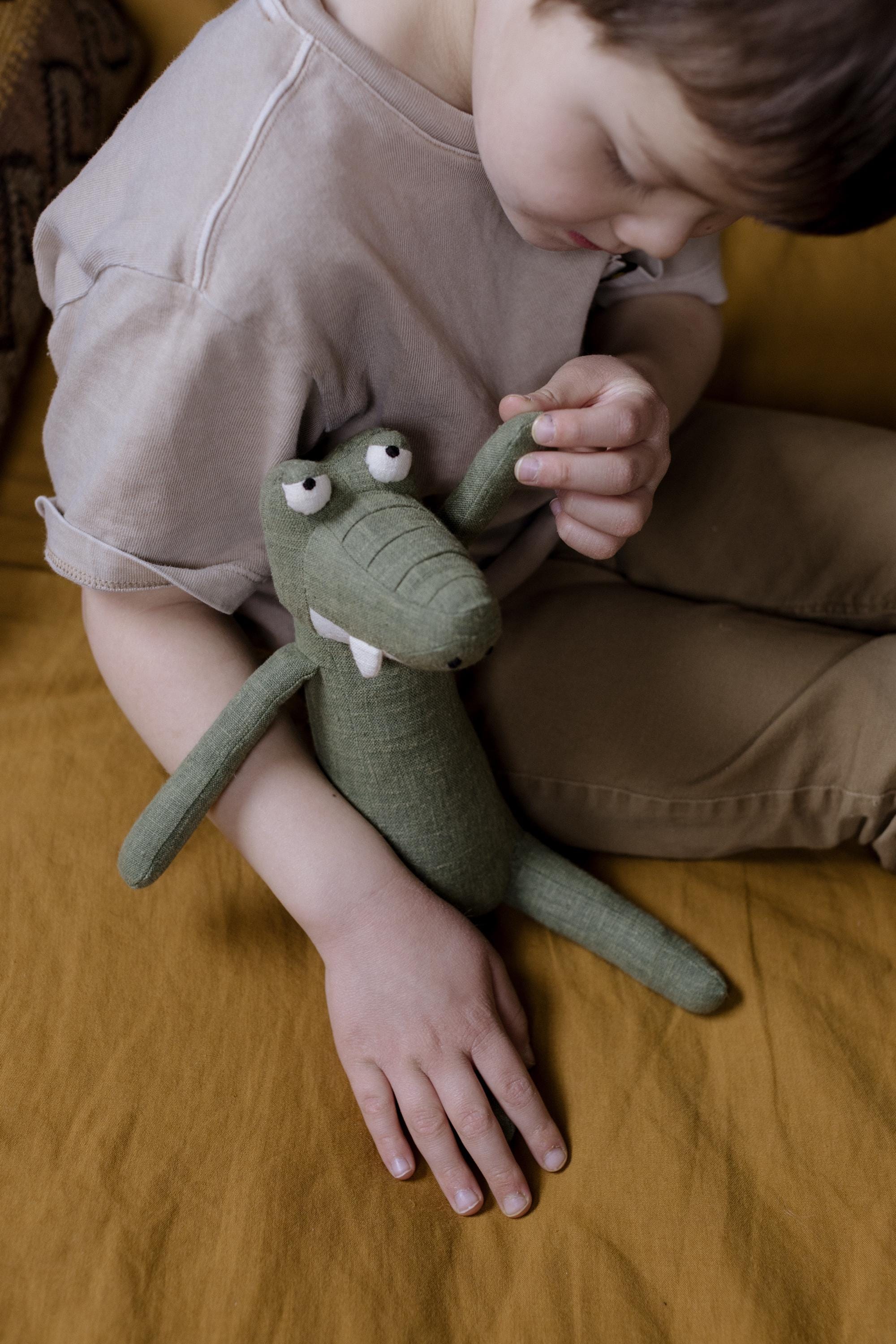 Linen Alligator Stuffed Animal: Embroidered Heirloom Toy