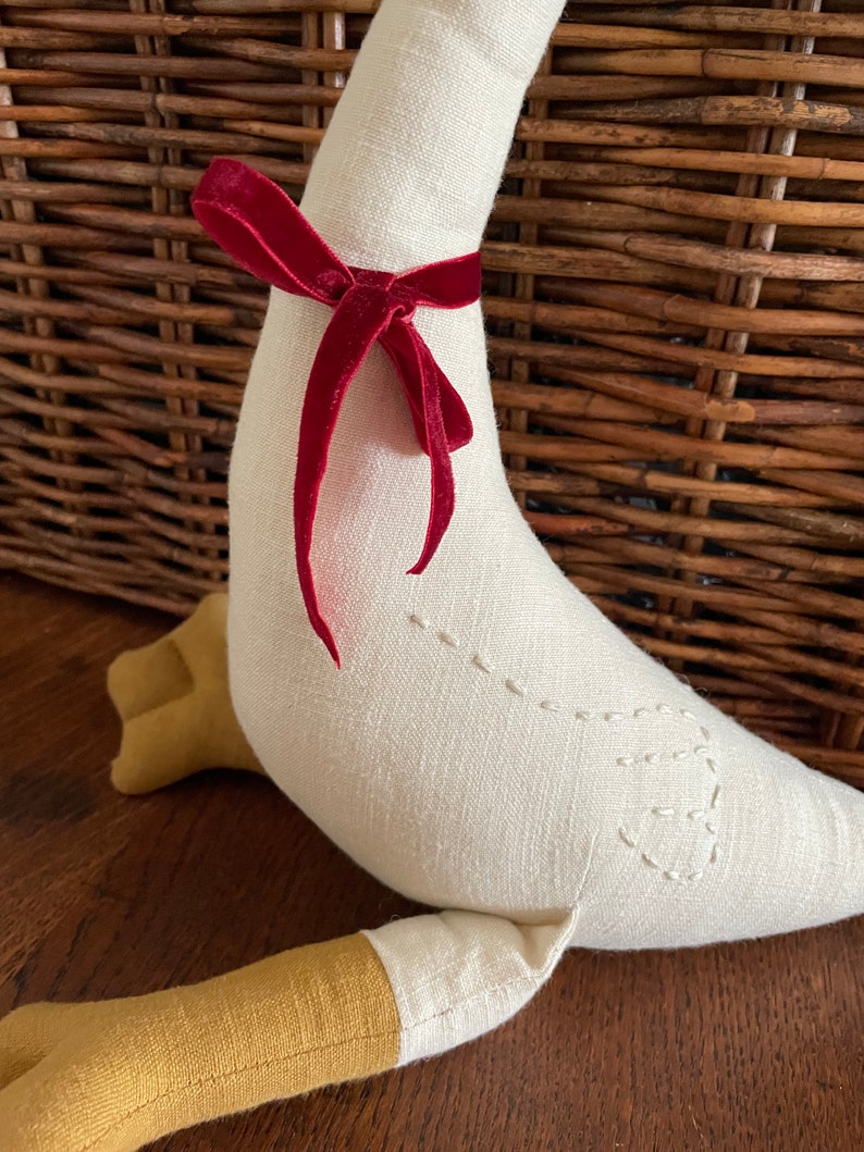 Premium Linen Heirloom Stuffed Animal Goose Baby Shower Gift Hand Embroidered Neutral Unisex Timeless Bird Teddy Nursery Decor Kids image 7
