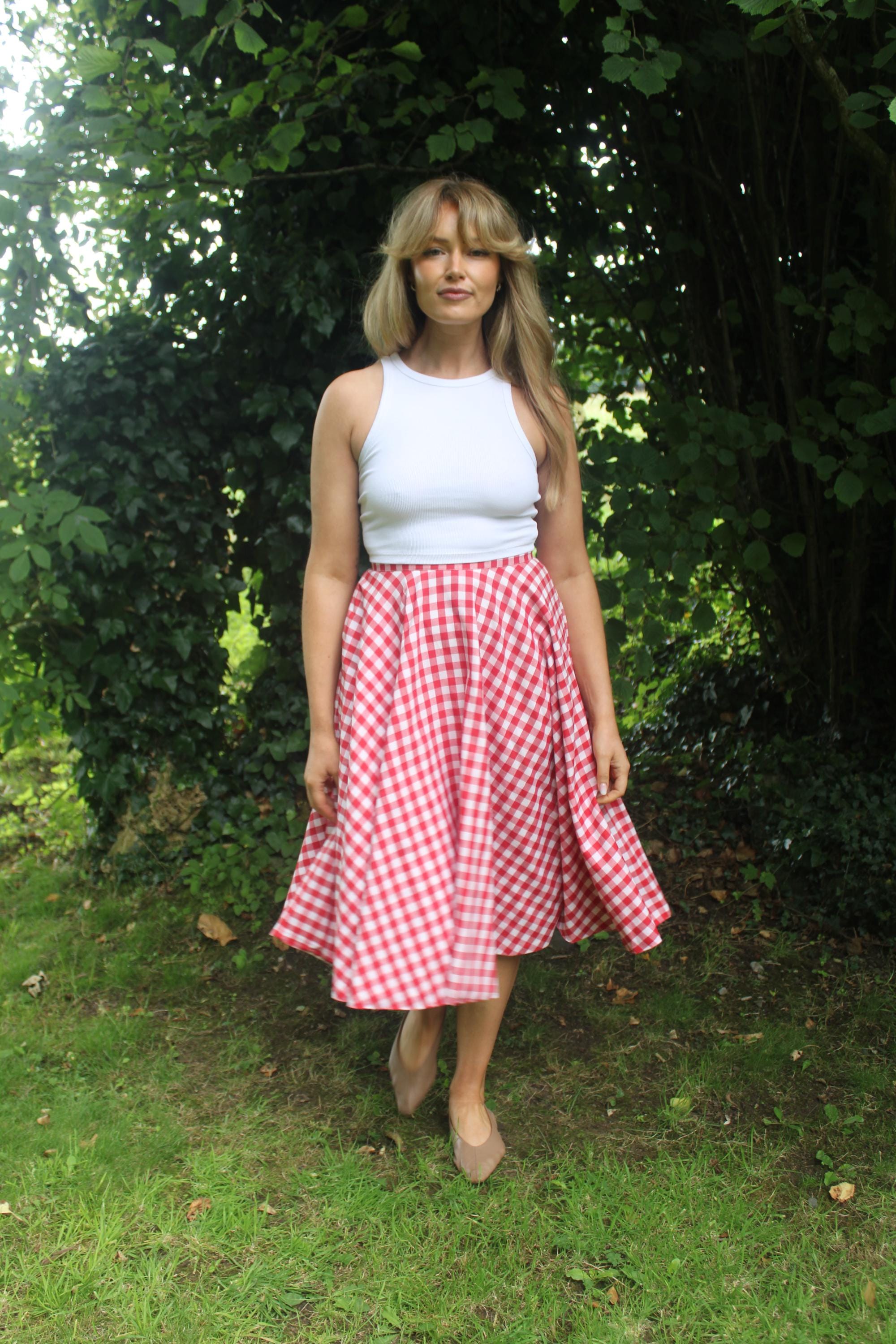 Red Gingham Cotton Circle Skirt: Vintage Style Midi Skirt