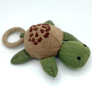 Linen Turtle Rattle Toy Handmade non-toxic baby toy wooden ring chew nature inspired baby gift newborn nursery decor image 2