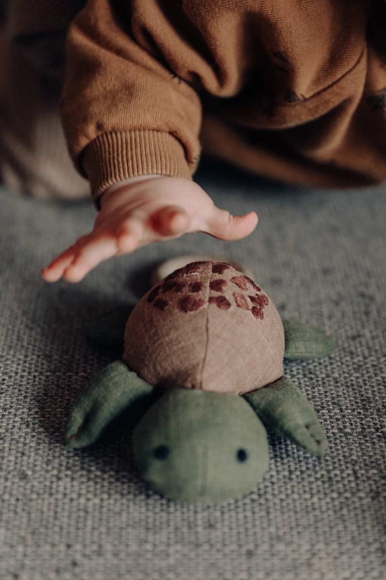 Linen Turtle Rattle Toy Handmade non-toxic baby toy wooden ring chew nature inspired baby gift newborn nursery decor image 1